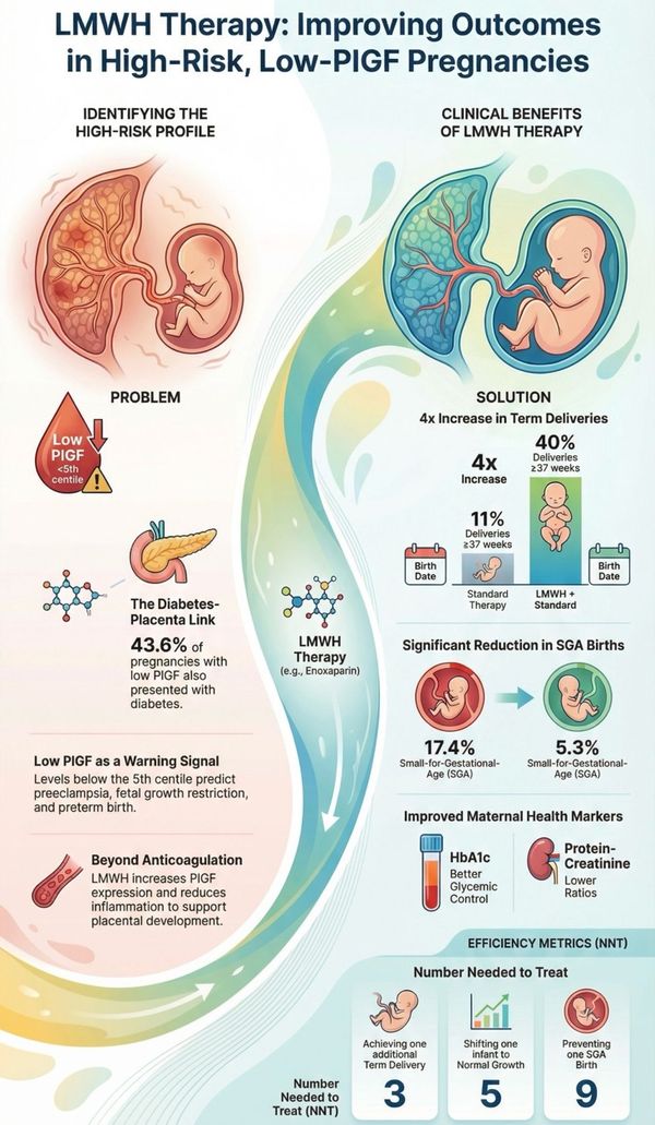 Key points summary for Low molecular weight heparin (LMWH) therapy guided by low placental growth factor (PlGF) in a diabetes-prevalent population: preliminary retrospective cohort